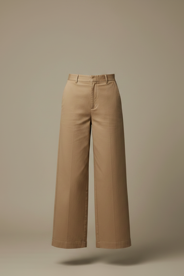 Pantalon Marron Large Taille Haute Coton Décontracté - Beige Gabardine - vue 3