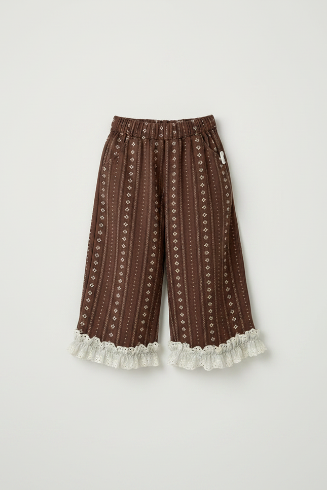 Pantalon Marron Imprimé Évasé Dentelle Fille - Coton - vue 3