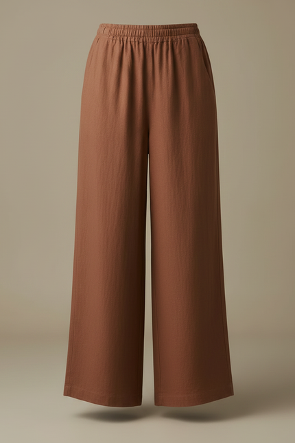 Pantalon Marron Ample Lin Coton Taille Élastique Fluide - vue 3