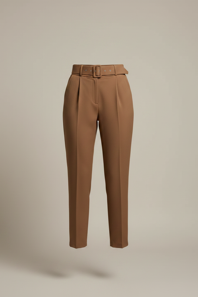 Pantalon Marron Ceinturé Taille Haute Élégant Femme - Polyester - vue 3