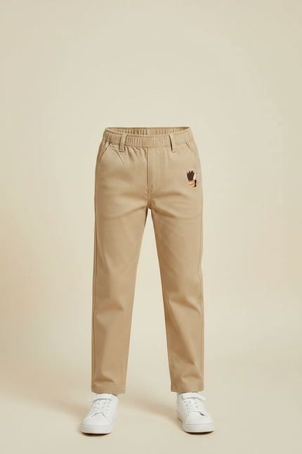 Pantalon Marron Enfant Décontracté Brodé Coton Confortable - Beige - vue 3