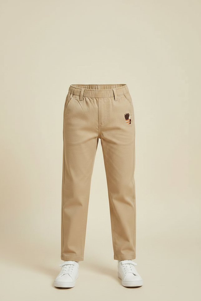 Pantalon Marron Enfant Décontracté Brodé Coton Confortable - Beige - vue 3