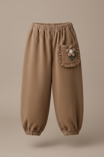 Pantalon Marron Côtelé Ample Fleur Fille Confortable - Camel Cordé - vue 3