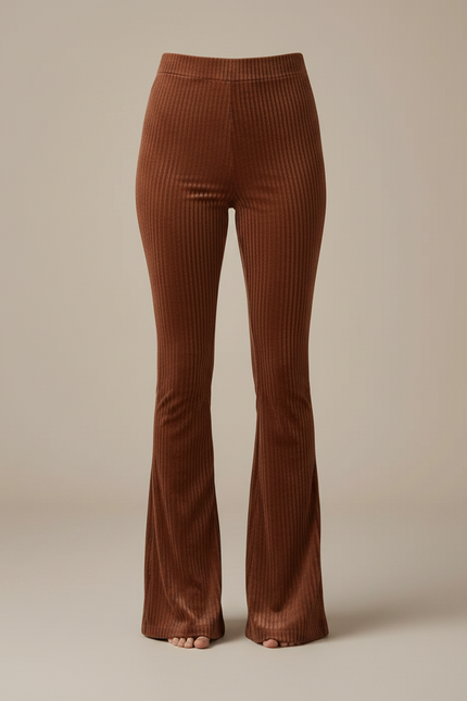 Pantalon Marron Côtelé Velours Évasé Taille Haute Femme - Cordé - vue 3