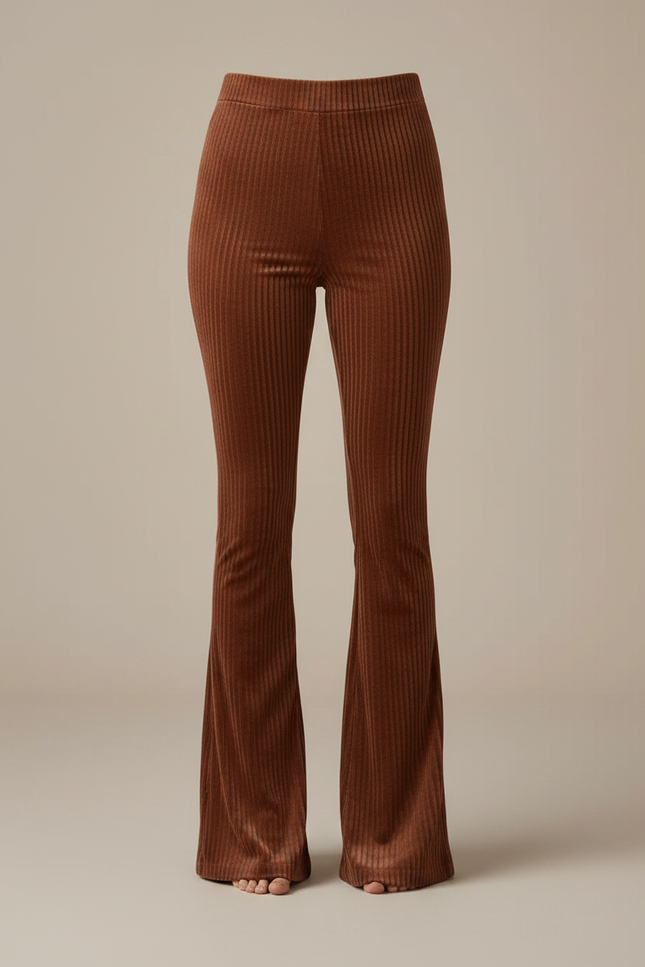 Pantalon Marron Côtelé Velours Évasé Taille Haute Femme - Cordé - vue 3
