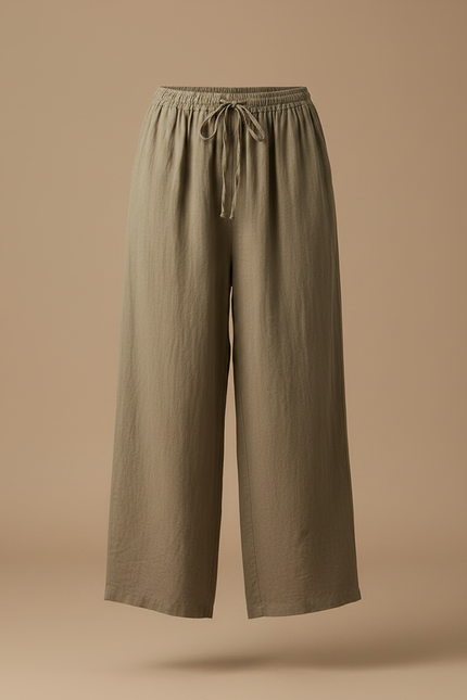 Pantalon Marron Ample Lin Coton Élastique Femme Décontracté - Kaki - vue 3