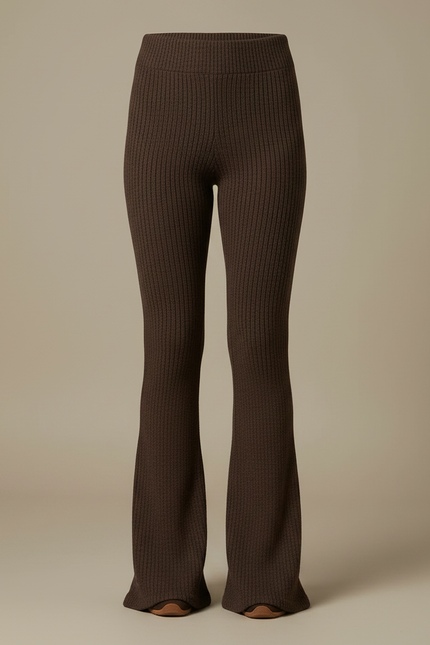 Pantalon Marron Côtelé Évasé Taille Haute Tricoté - Maille - vue 3