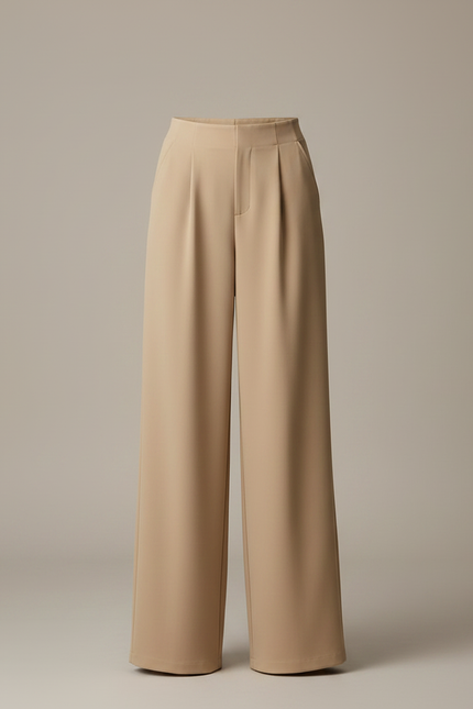 Pantalon Marron Ample Taille Haute Plissé Fluide - Beige Polyester - vue 3