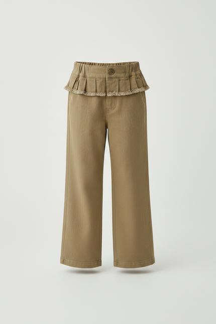 Pantalon Marron Ample Plissé Volants Fille Décontracté - Kaki Toile - vue 3