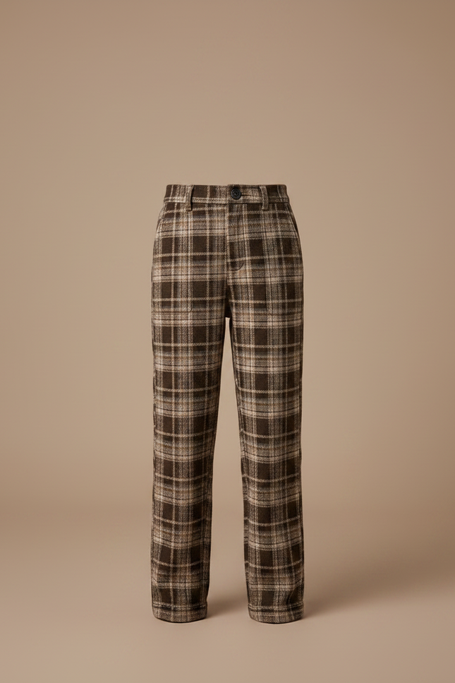 Pantalon Marron Carreaux Laine Droit Épais Fille - vue 3