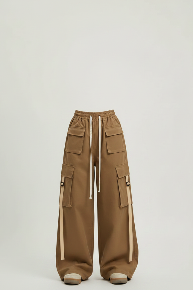 Pantalon Marron Cargo Ample Coton Ruban - vue 3