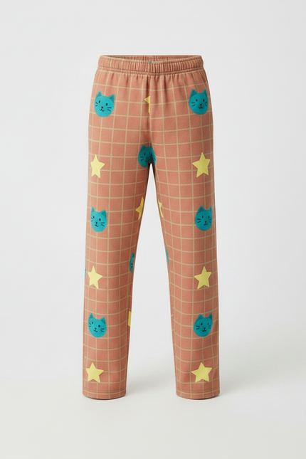 Pantalon Marron À Carreaux Chats Étoiles Ample Enfant - Molleton - vue 3