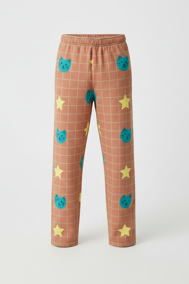 Pantalon Marron À Carreaux Chats Étoiles Ample Enfant - Molleton - vue 3
