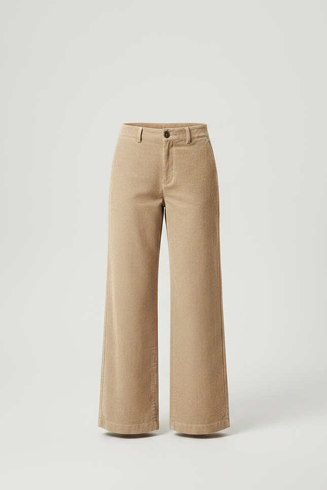 Pantalon Marron Ample Côtelé Décontracté Beige Élégant Femme - Camel Cordé - vue 3