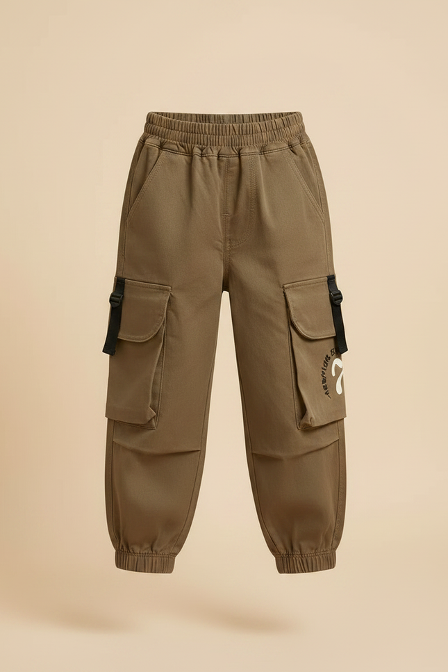 Pantalon Marron Cargo Enfant Poches Latérales Cordon - Kaki Toile - vue 3