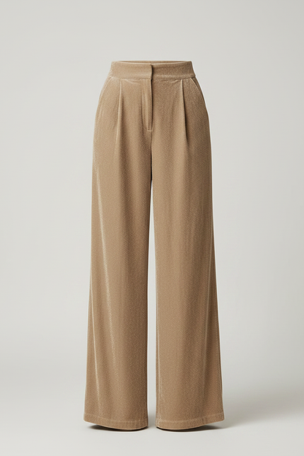 Pantalon Marron Velours Ample Plissé Élégant Femme - Camel - vue 3