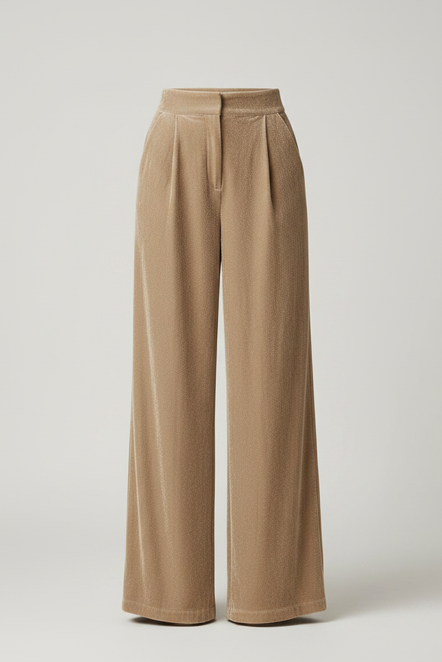 Pantalon Marron Velours Ample Plissé Élégant Femme - Camel - vue 3