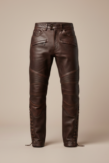 Pantalon Cuir Moto Marron - vue 3
