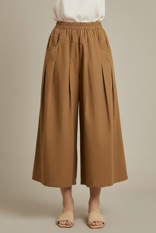 Pantalon Marron Coton Ample Plissé Décontracté Femme - vue 3