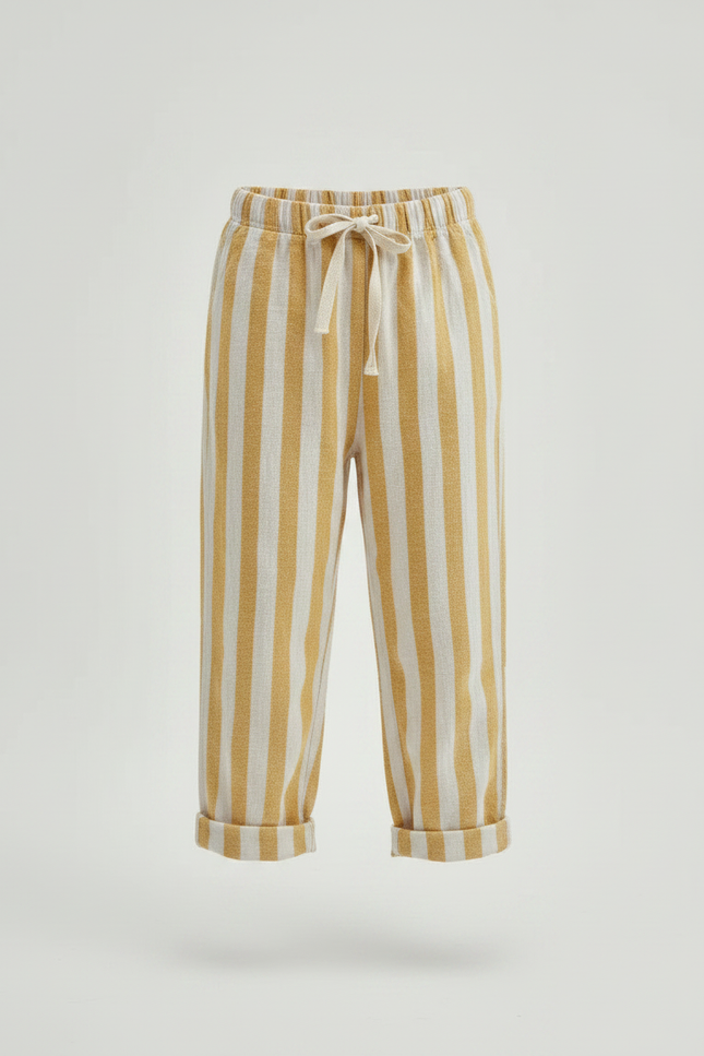 Pantalon Marron Rayé Ample Décontracté Coton Lin - vue 3