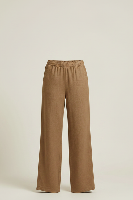 Pantalon Marron Lin Coton Ample Décontracté Fluide - vue 3