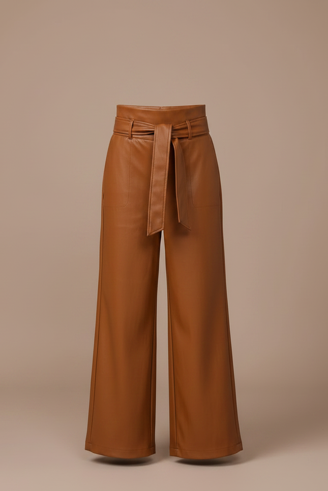 Pantalon Marron Similicuir Large Ceinturé Fille - Simili cuir - vue 3