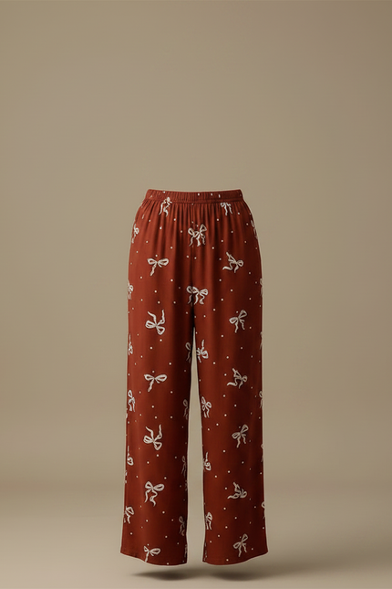 Pantalon Marron Fluide Ample Imprimé Nœuds - Viscose - vue 3