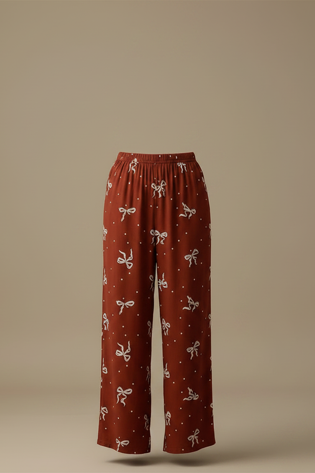 Pantalon Marron Fluide Ample Imprimé Nœuds - Viscose - vue 3