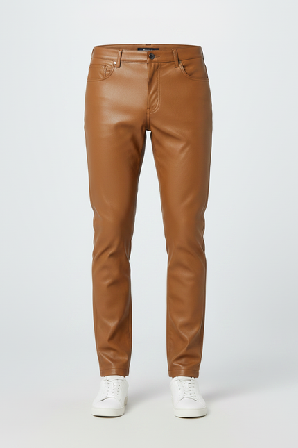 Pantalon Marron Simili Cuir Slim Homme Élégant - vue 3