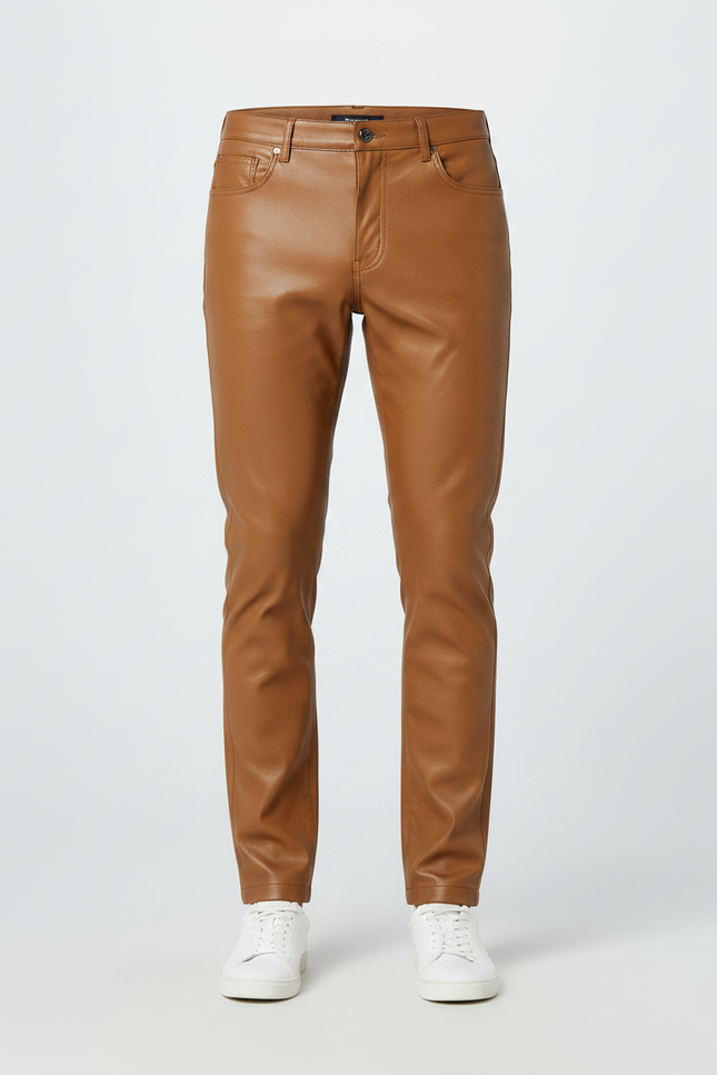 Pantalon Marron Simili Cuir Slim Homme Élégant - vue 3