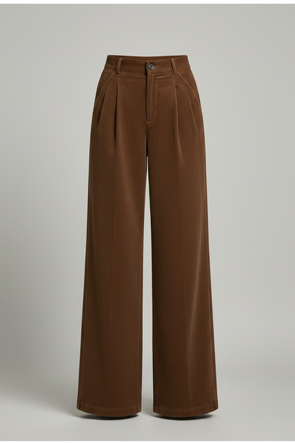 Pantalon Marron Côtelé Taille Haute Ample Femme - Cordé - vue 3