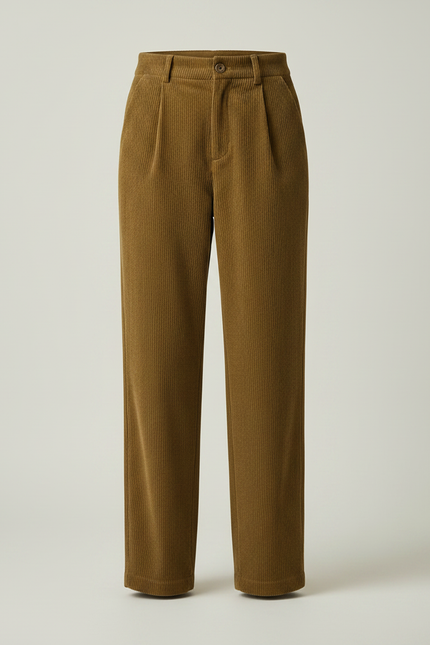 Pantalon Marron Côtelé Droit Taille Haute Vintage - Kaki Cordé - vue 3