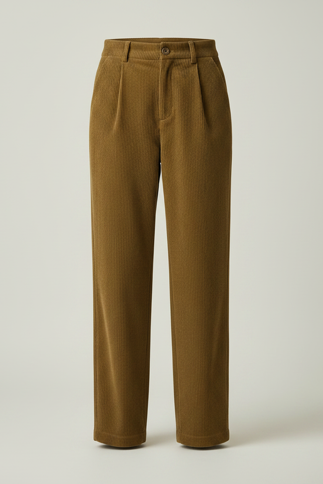 Pantalon Marron Côtelé Droit Taille Haute Vintage - Kaki Cordé - vue 3