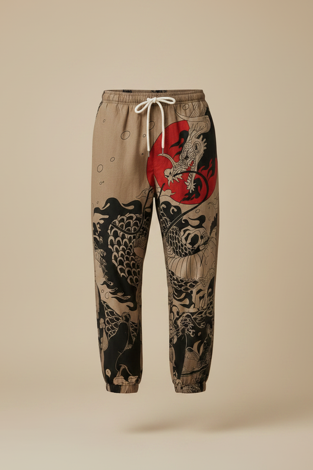 Pantalon Marron Ample Coton Dragon Japonais - vue 3
