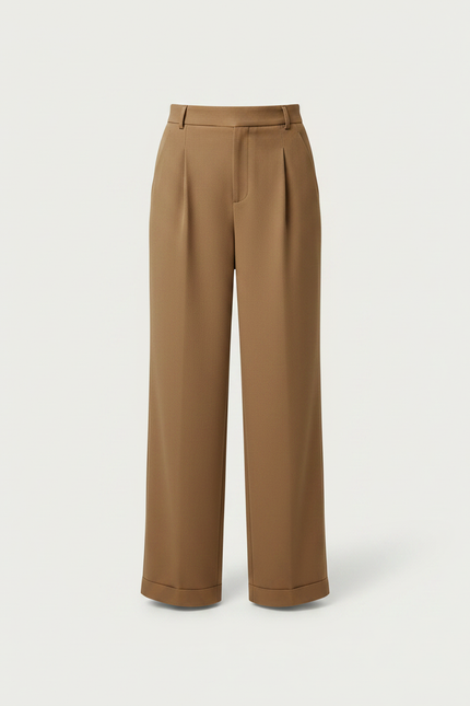 Pantalon Marron Droit Taille Haute Fluide Élégant - Polyester - vue 3