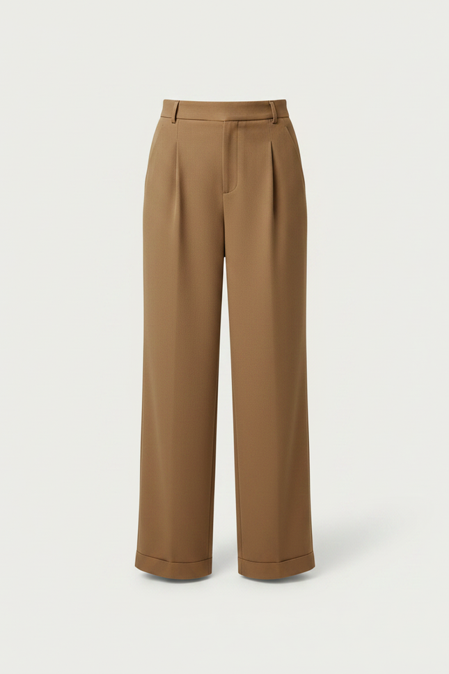 Pantalon Marron Droit Taille Haute Fluide Élégant - Polyester - vue 3