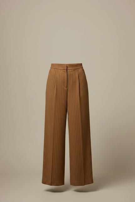 Pantalon Marron Large Rayé Plissé Élégant Femme - Laine - vue 3