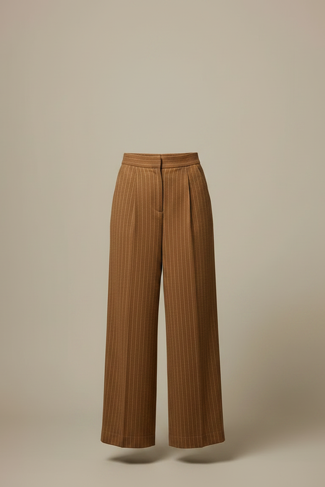 Pantalon Marron Large Rayé Plissé Élégant Femme - Laine - vue 3