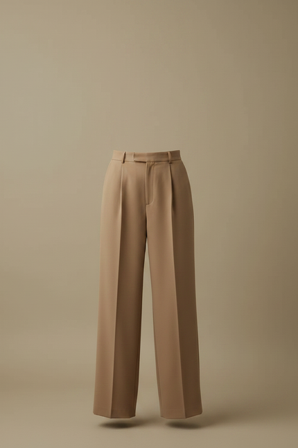 Pantalon Marron Taille Haute Jambe Large Plissé Élégant - Camel Gabardine - vue 3