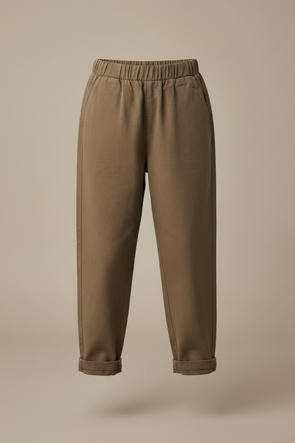 Pantalon Marron Ample Coton Élastique Enfant Décontracté - Kaki Molleton - vue 3