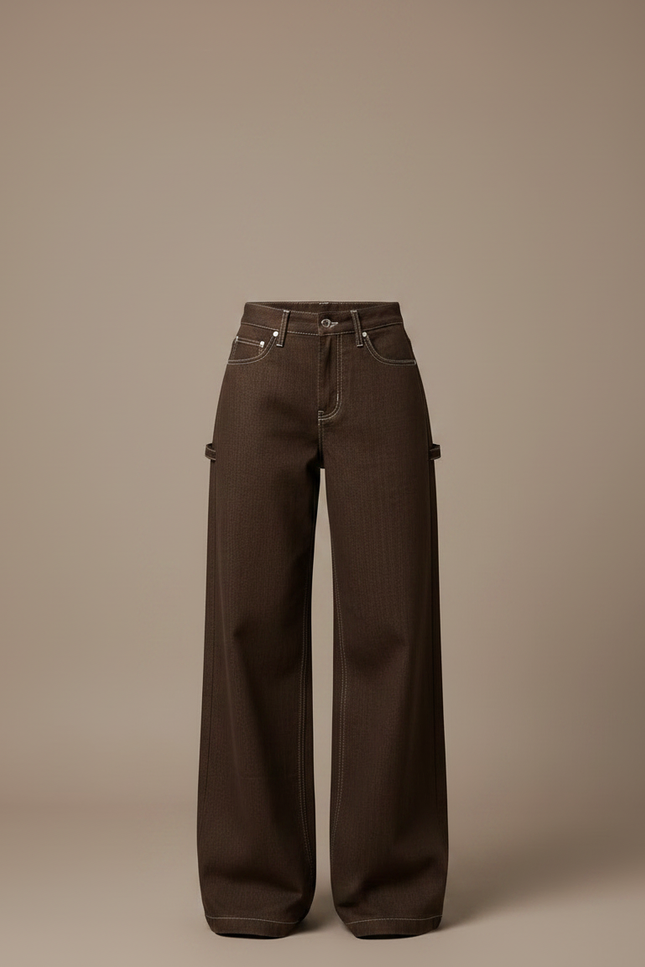 Pantalon Marron Ample, Coton, Taille Haute, Décontracté - Jean - vue 3