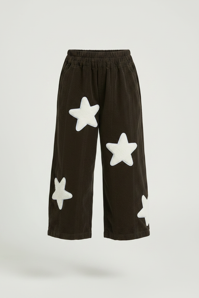 Pantalon Marron Côtelé Étoiles Blanches Ample Fille - Cordé - vue 3