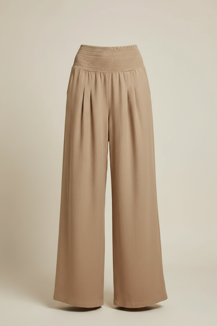Pantalon Marron Ample Plissé Fluide Décontracté Femme - Camel Lin - vue 3