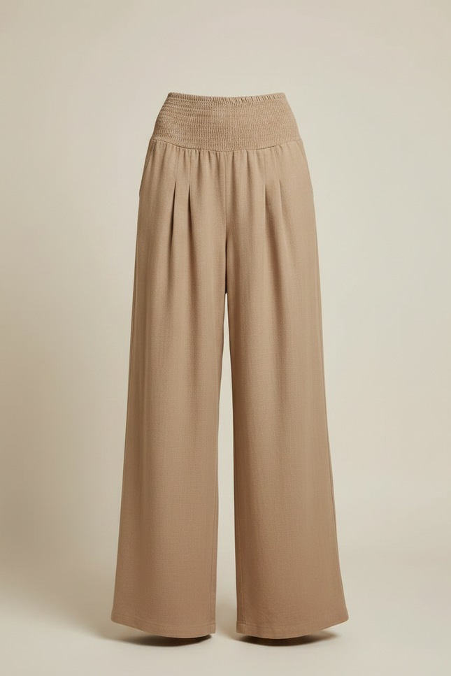 Pantalon Marron Ample Plissé Fluide Décontracté Femme - Camel Lin - vue 3