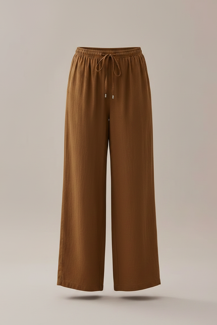 Pantalon Marron Fluide Lin Ample Décontracté Cordon - vue 3