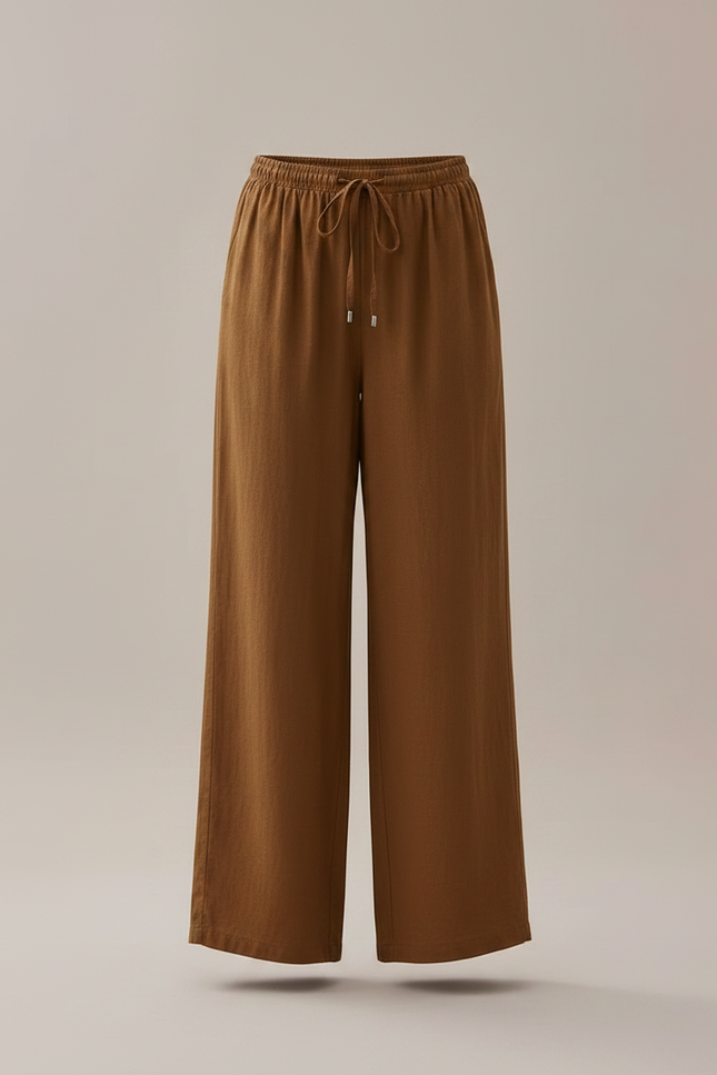 Pantalon Marron Fluide Lin Ample Décontracté Cordon - vue 3