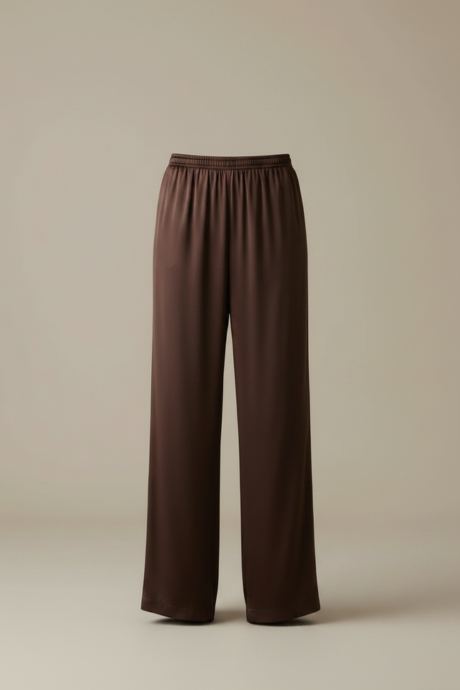 Pantalon Marron Satin Fluide Large Élégant Femme - vue 3