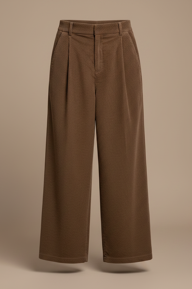 Pantalon Marron Côtelé Plissé Ample Décontracté - Cordé - vue 3