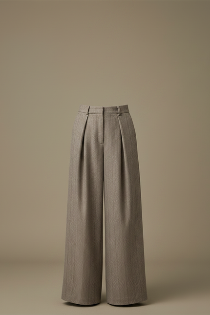 Pantalon Marron Laine Chevron Plissé Ample Taille Haute - Tweed - vue 3