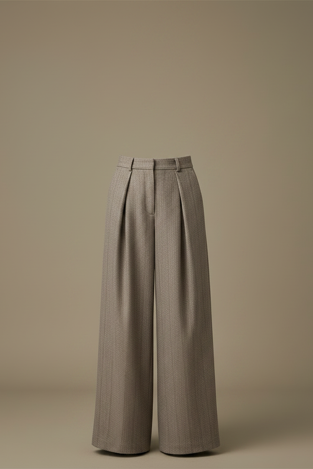 Pantalon Marron Laine Chevron Plissé Ample Taille Haute - Tweed - vue 3